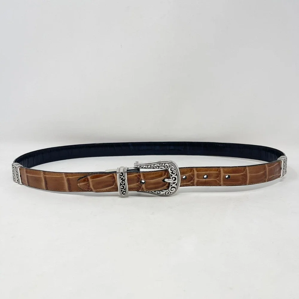 Brighton Reversible Leather Belt Wms 36 Navy Blue Brown Croc Embossed Silver